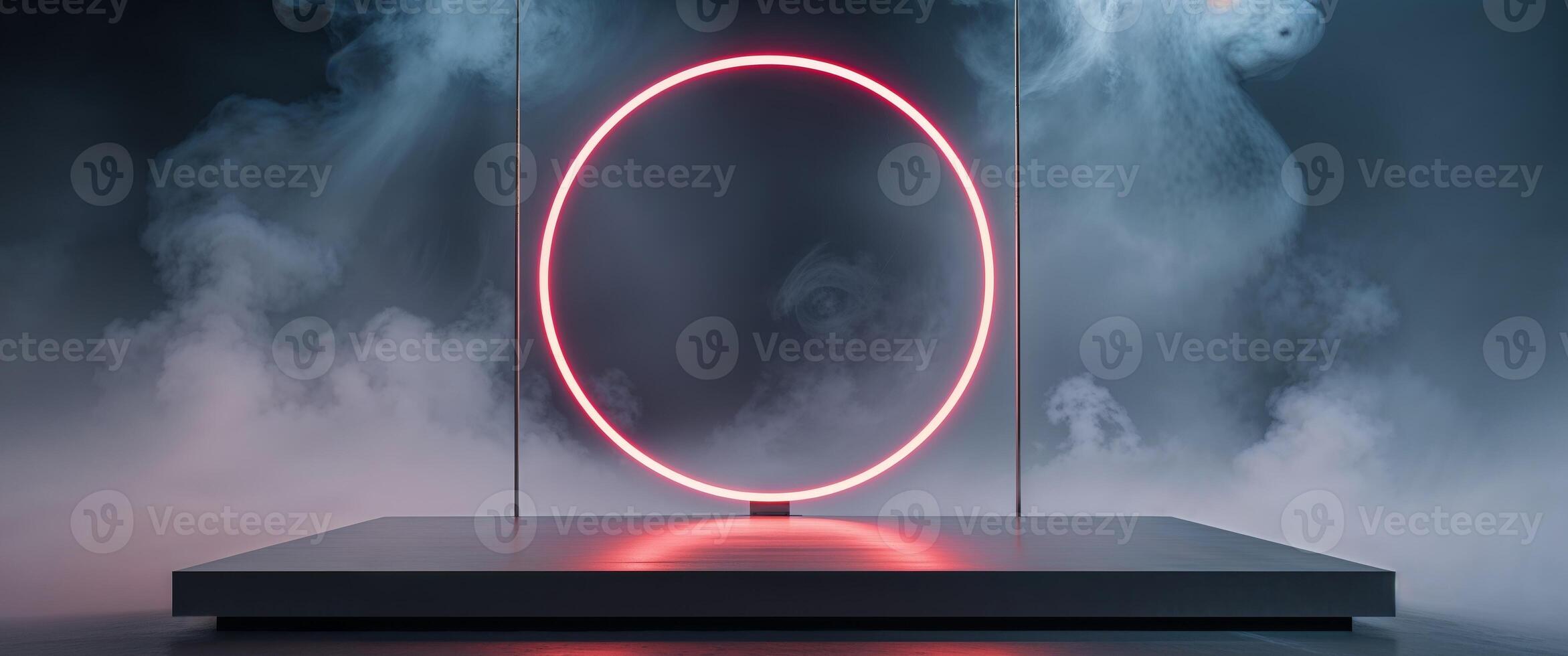 A red neon light is on a table in front of smoke photo