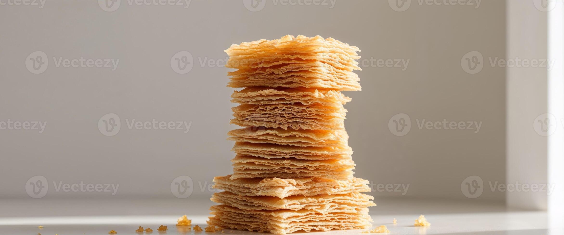 Layered crispy honey pastry squares stacked in a bright setting with soft natural lighting emphasizing the flaky texture and golden glaze. photo