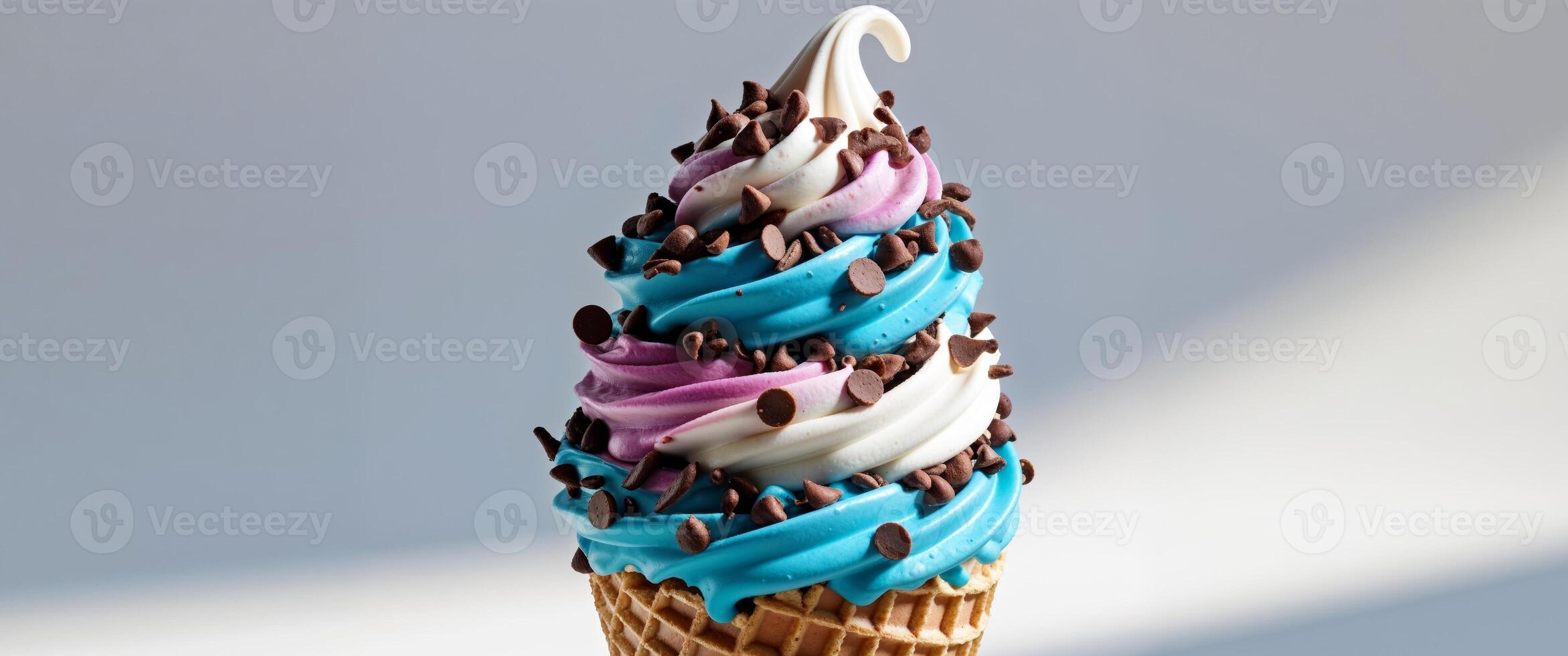 Delicious Swirled Ice Cream Cone with Colorful Swirls and Chocolate Sprinkles on a Soft Creamy Top Ready to Savor on a Bright Background. photo
