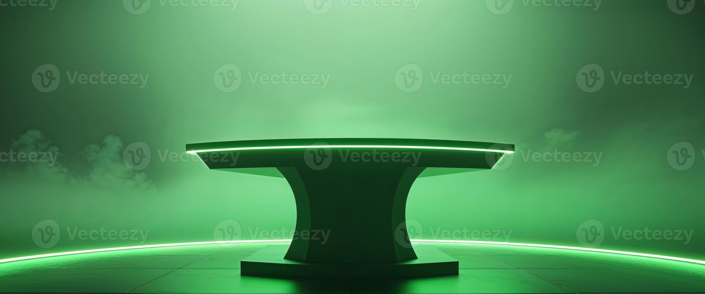 Illuminated Stage Podium with Green Neon Lighting and Foggy Background. photo