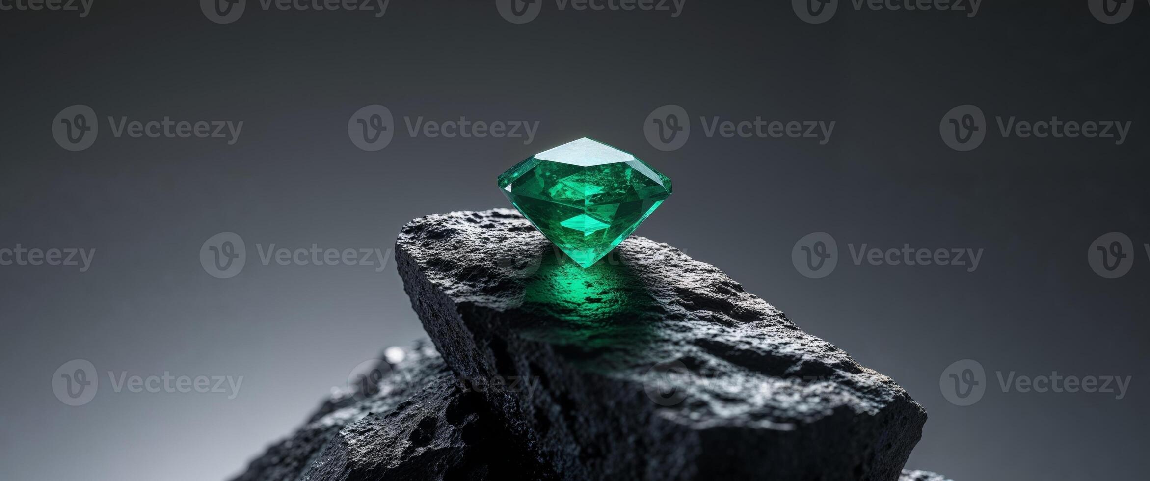 Glowing Emerald Gemstone Embedded In Dark Rock. photo