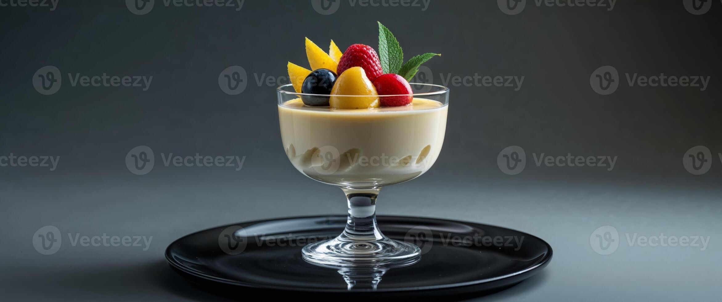 Glass of Smooth Dessert with Fresh Fruit on Dark Reflective Surface photo