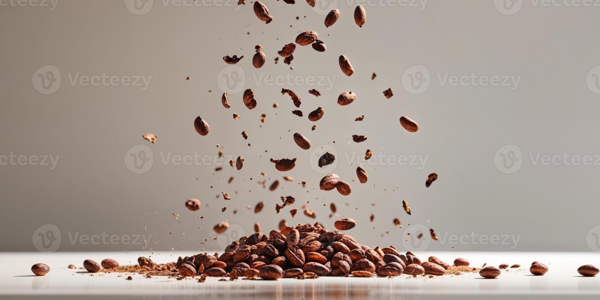 Freshly cracked cocoa beans are falling on a surface. photo