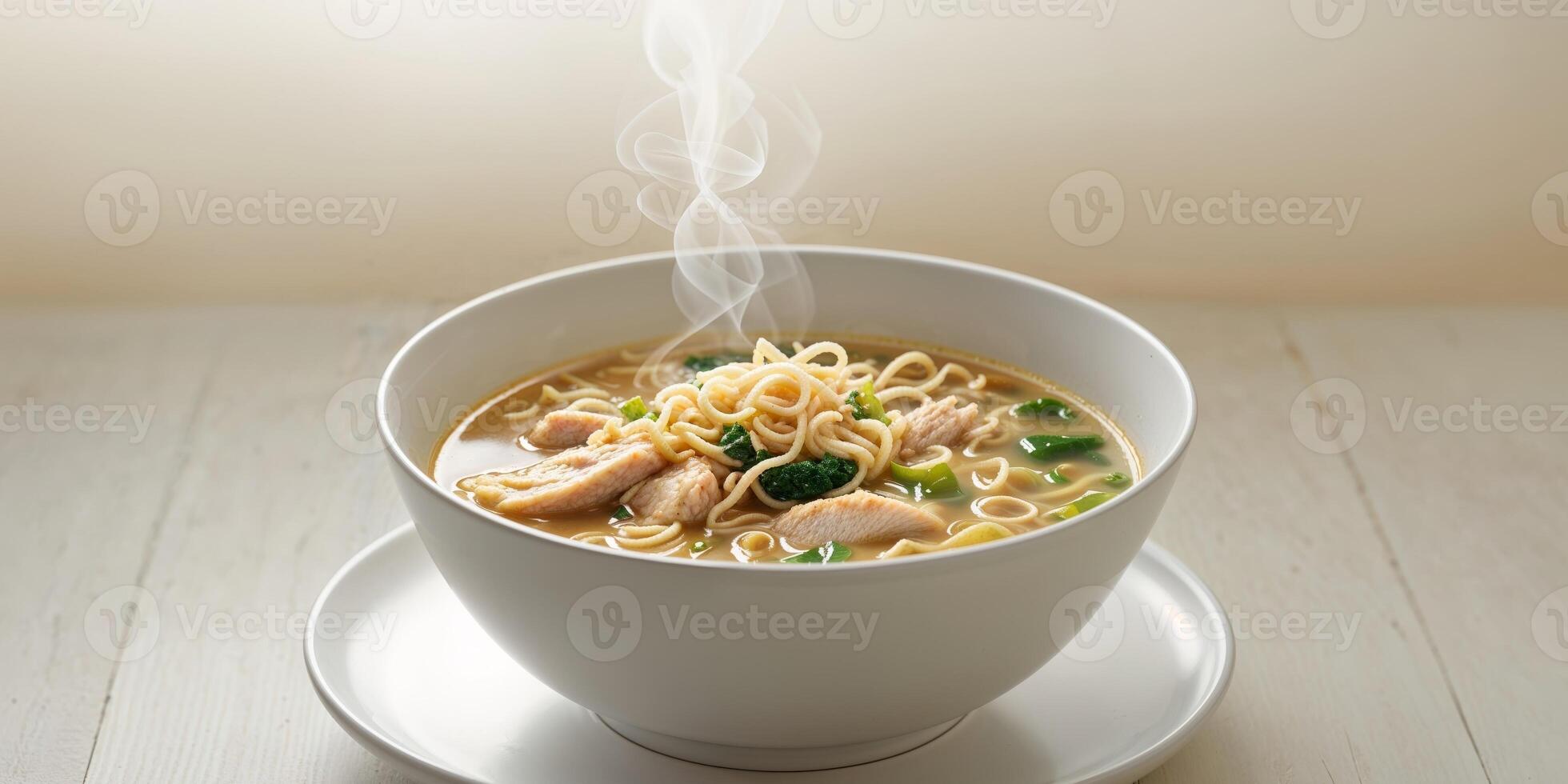 Delicious Chicken Noodle Soup Served In A White Ceramic Bowl. photo