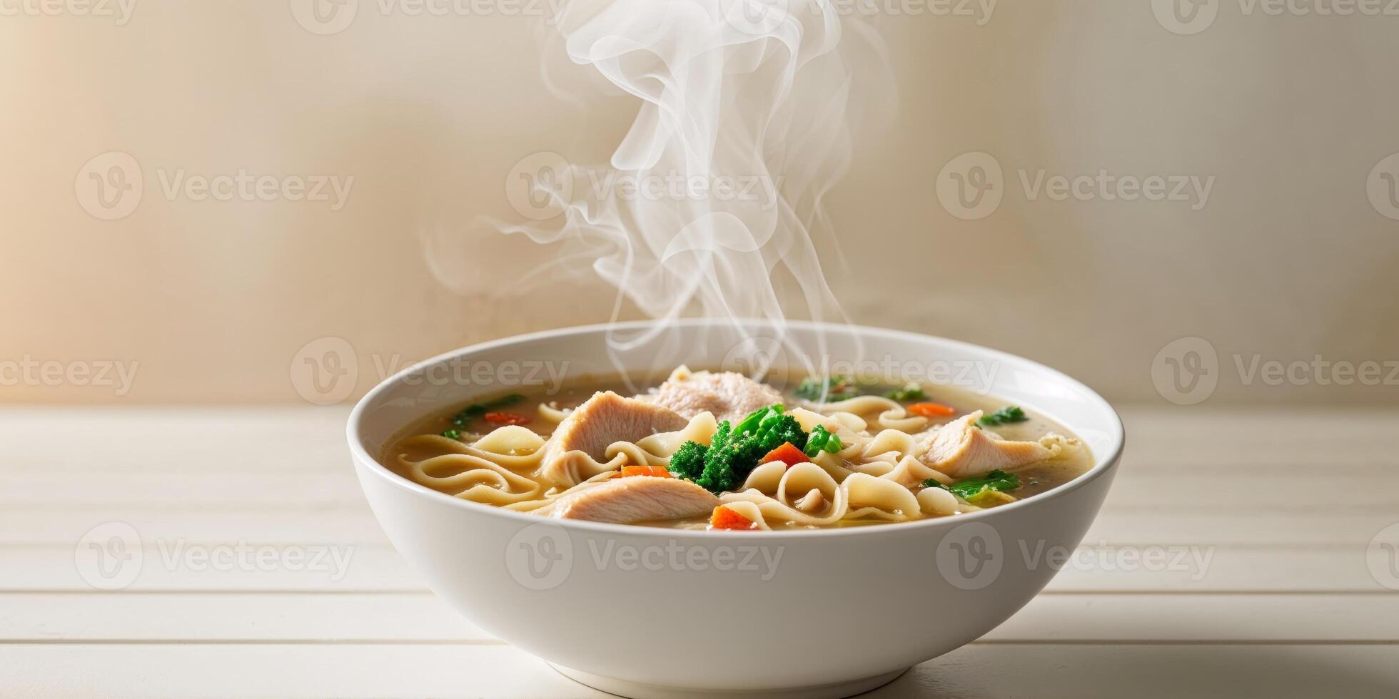Delicious Chicken Noodle Soup Served In A White Ceramic Bowl photo
