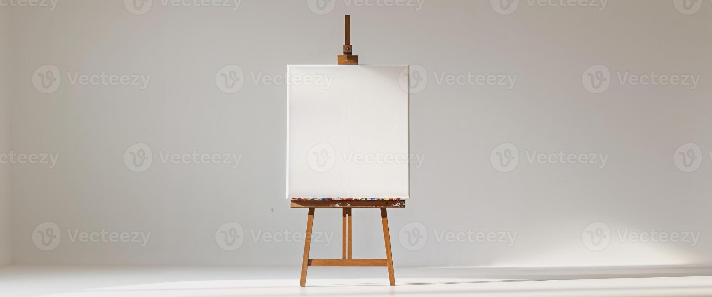A white easel with a wooden stand and a blank canvas photo
