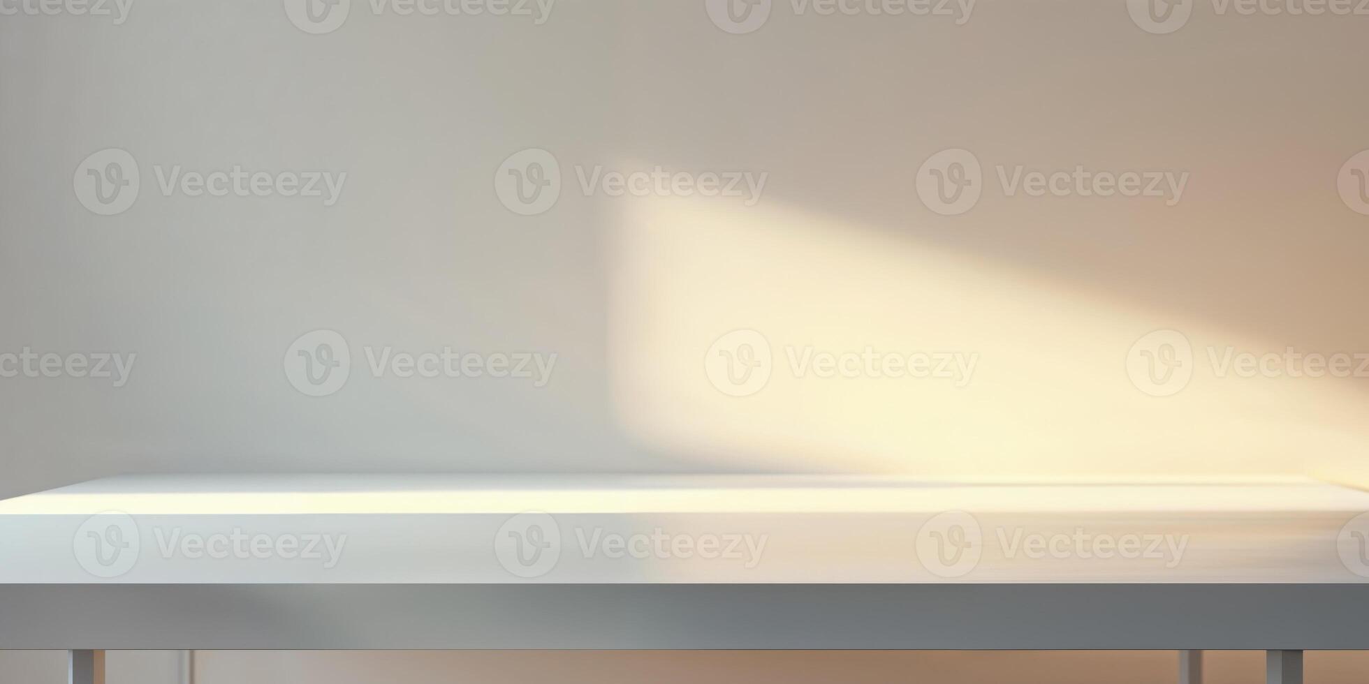 An empty table in front of a wall photo