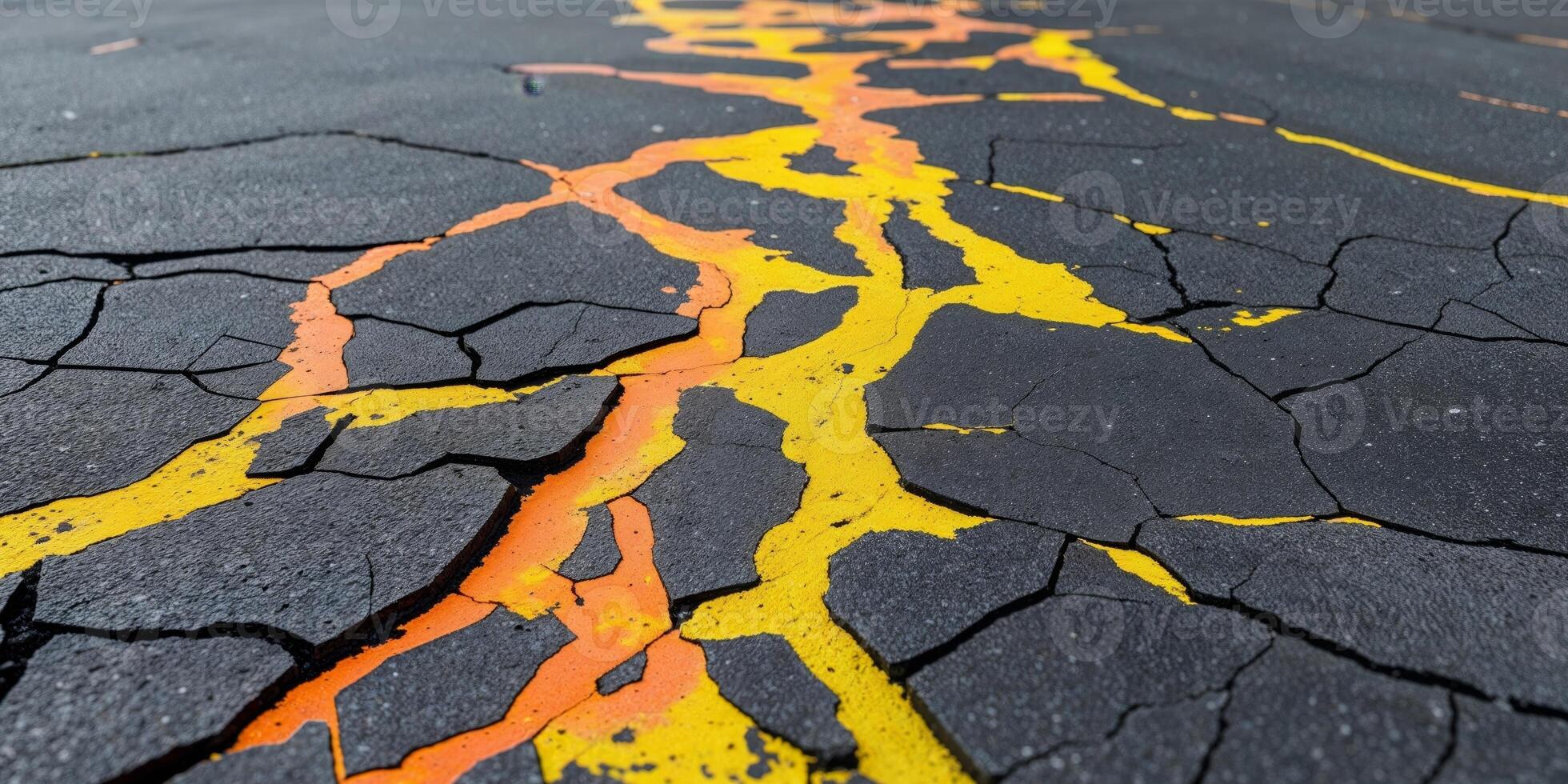A close up of a crack in the asphalt with orange and yellow paint photo