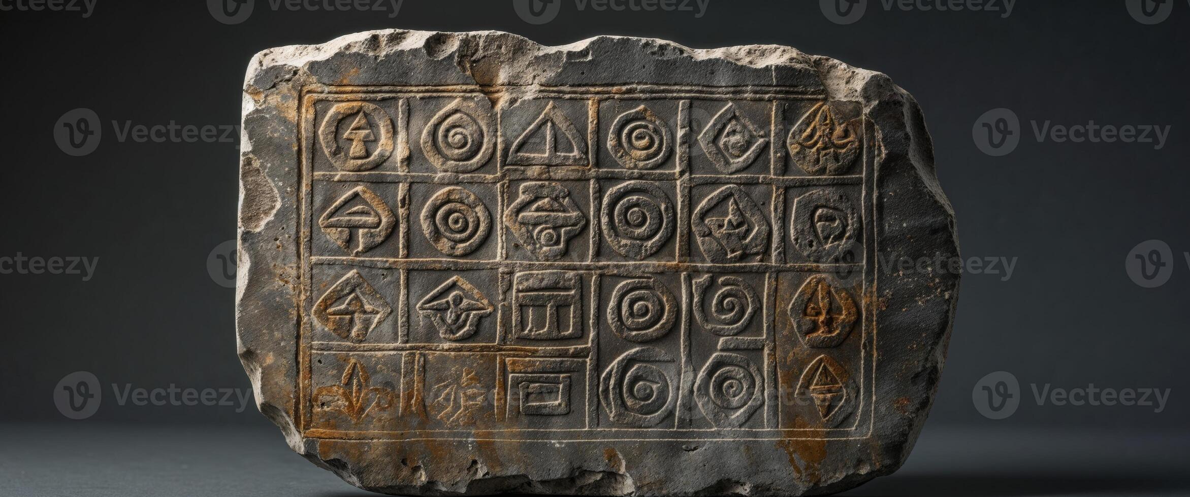 A stone with writing on it in a dark room photo