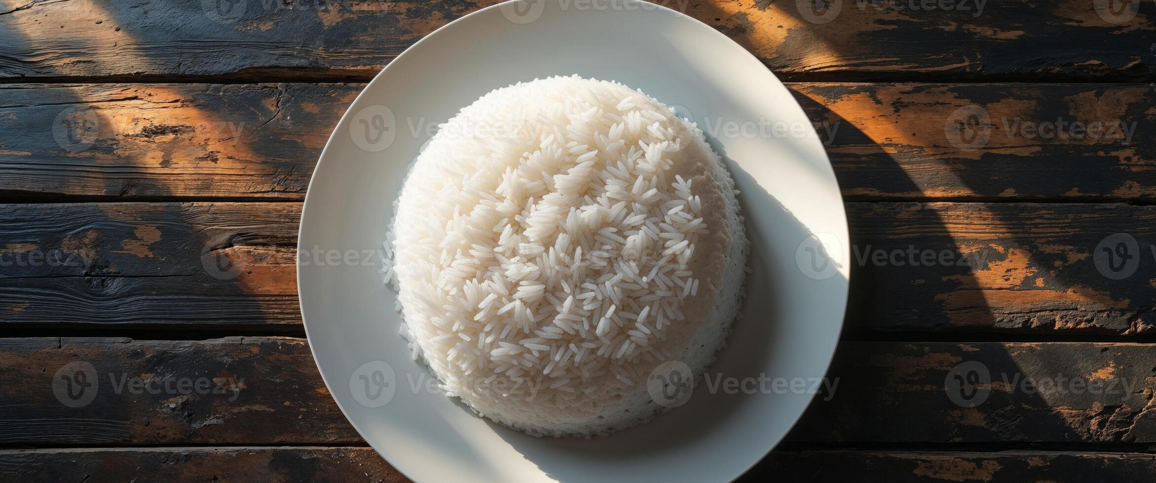 A white plate with rice on top of a wooden table photo