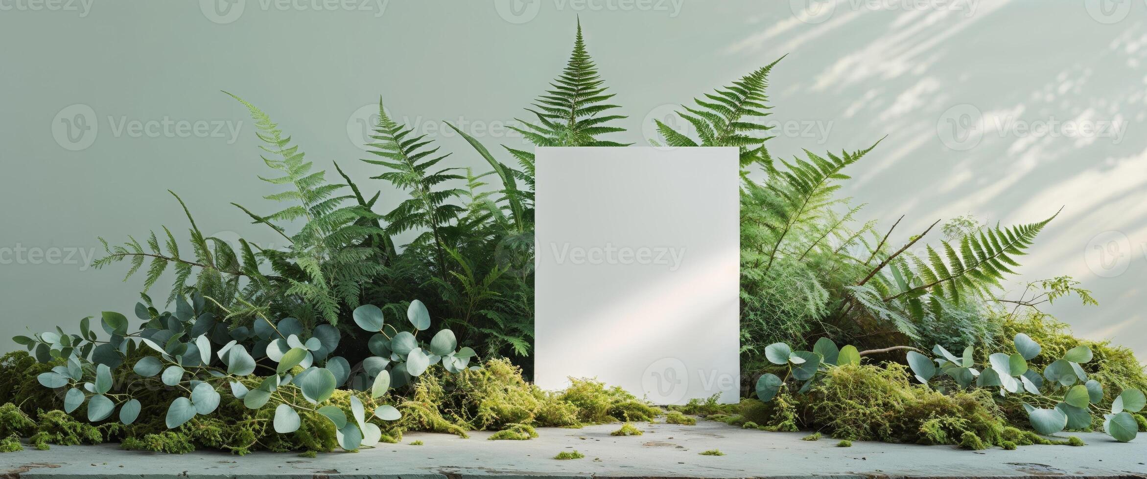 A blank white board surrounded by plants and ferns photo