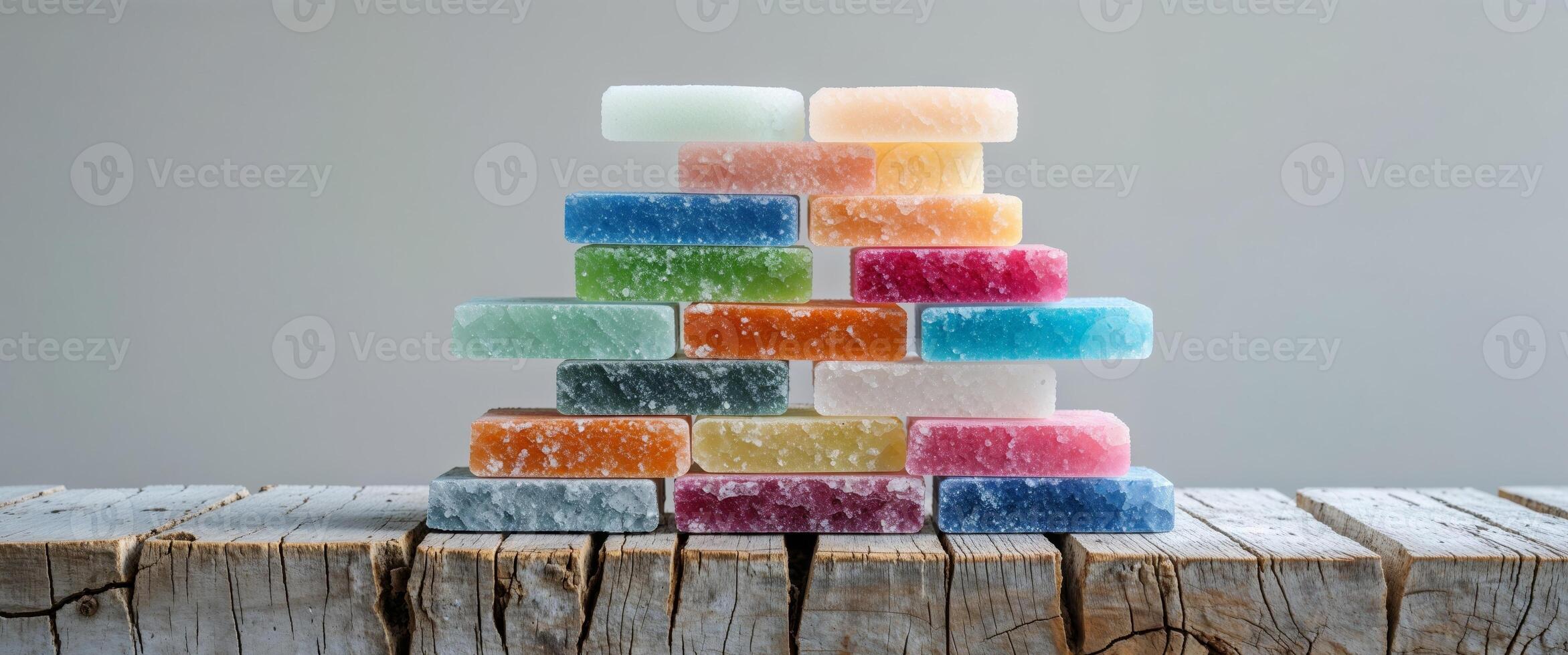 A stack of colored soap blocks on a wooden surface photo