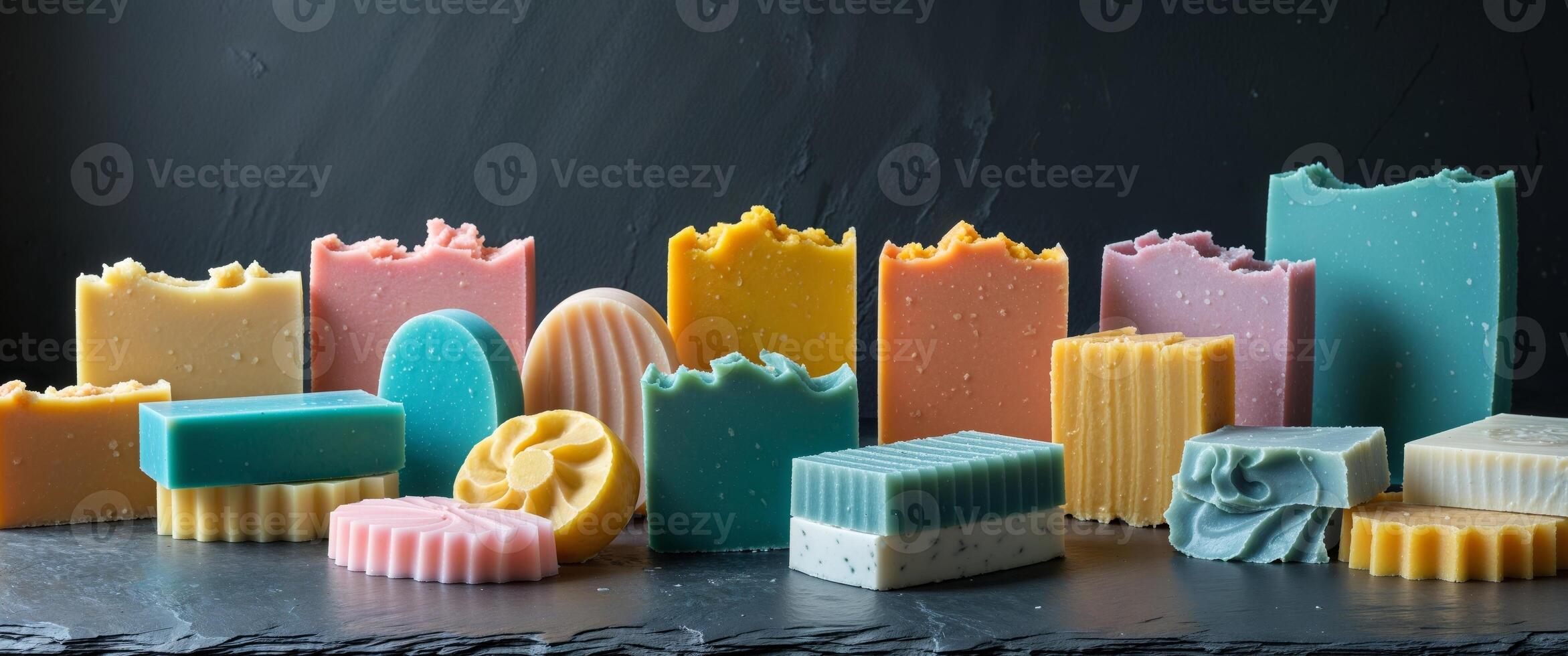 A group of colorful soap bars on a black background photo