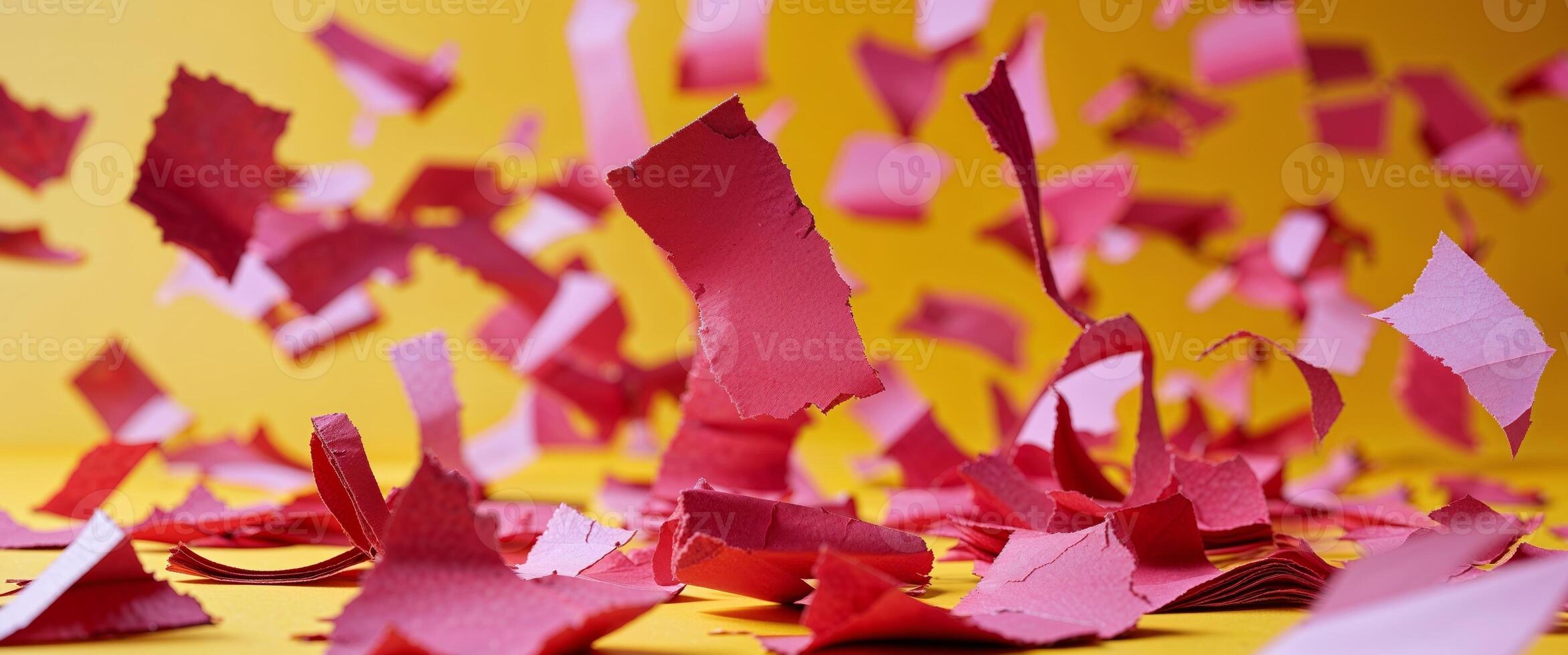 A pile of red paper pieces on a yellow background photo
