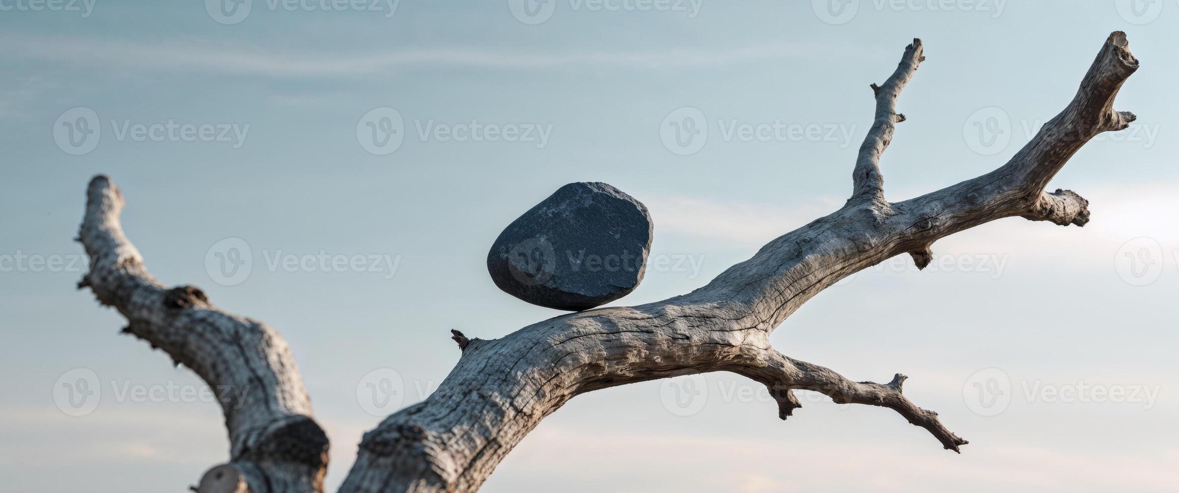 A rock sits on top of a dead tree photo
