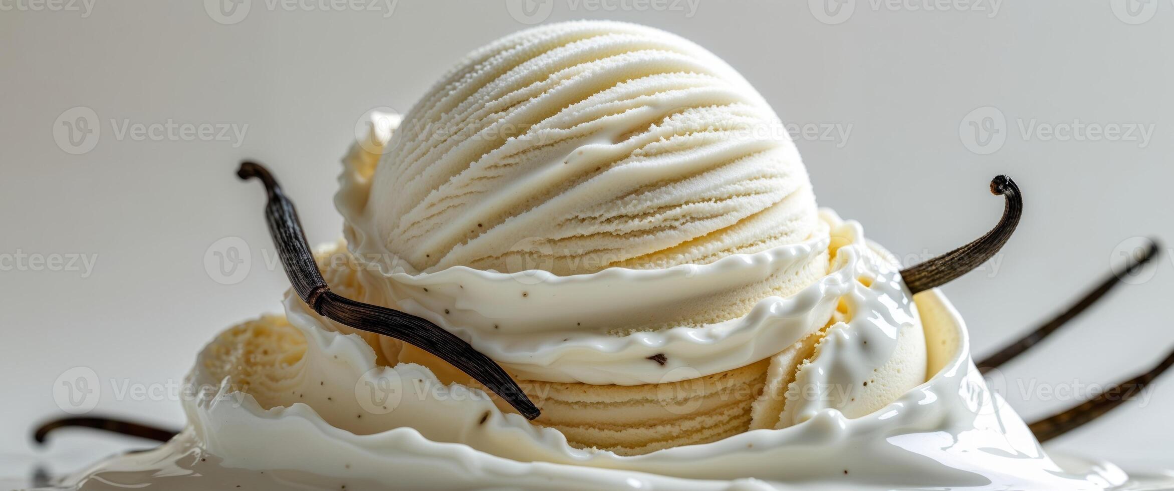 Vanilla ice cream with swirls and vanilla pods photo