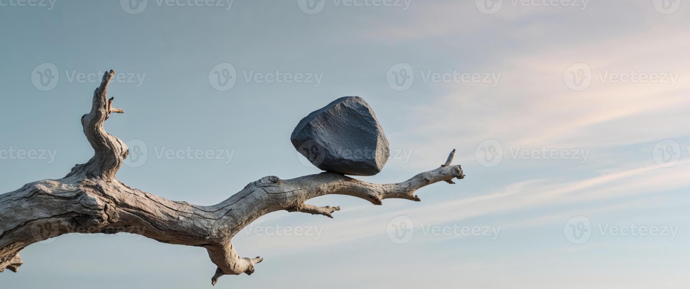 A rock sits on top of a tree branch photo