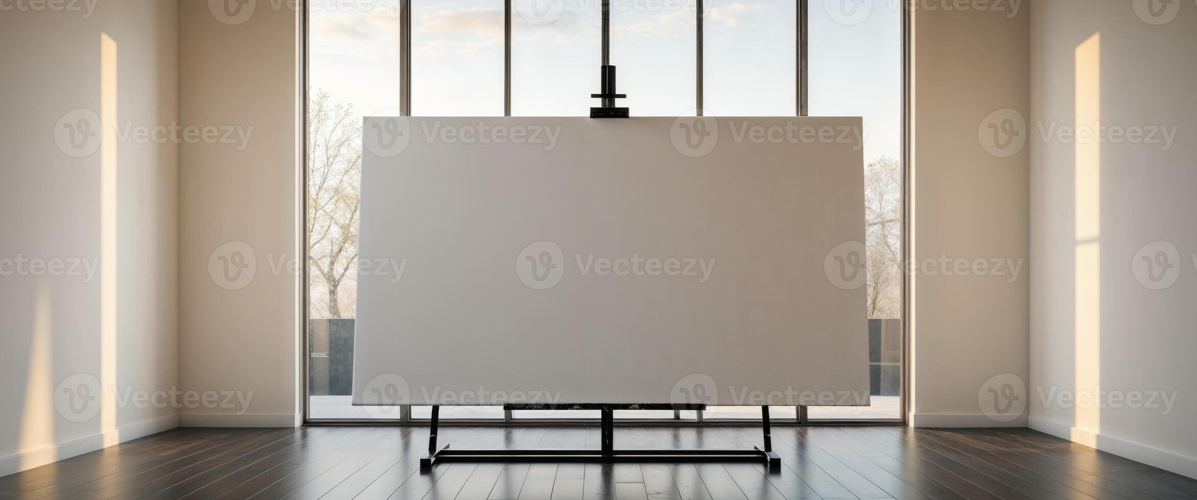 An empty room with a large blank canvas photo