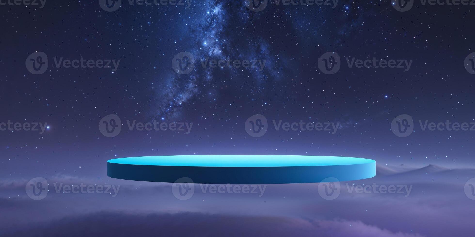 A blue platform floating in the sky with stars photo