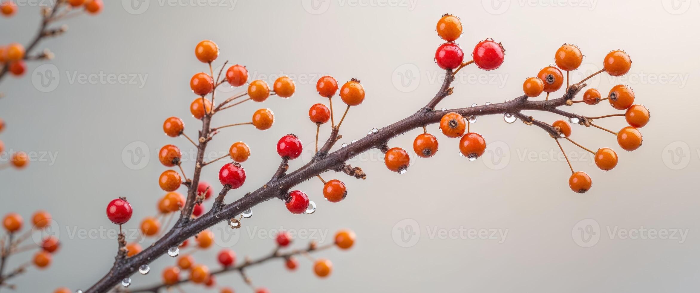 Delicate Twig with Tiny Orange and Red Berries. photo