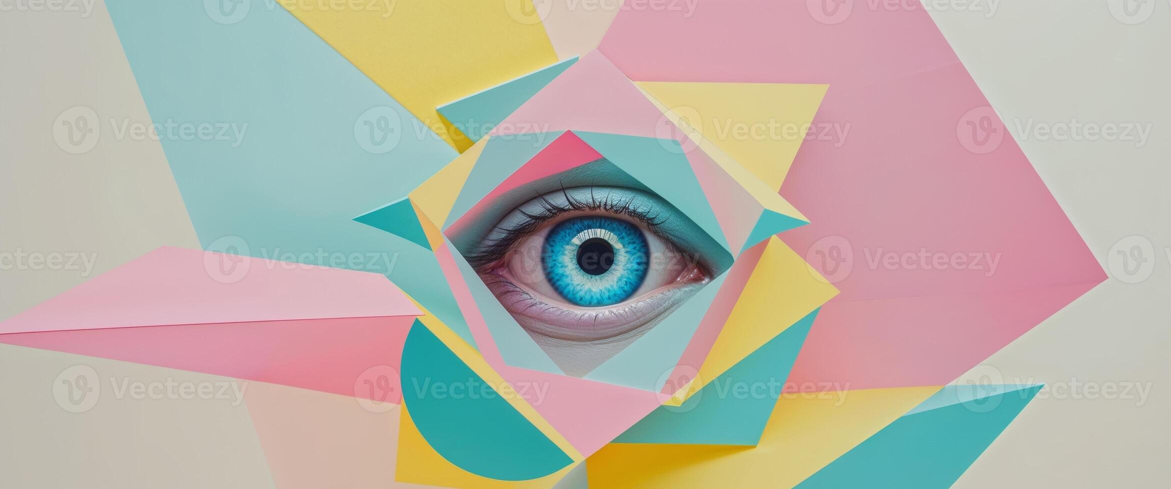 Blue eye gazing out from colorful geometric shapes. photo