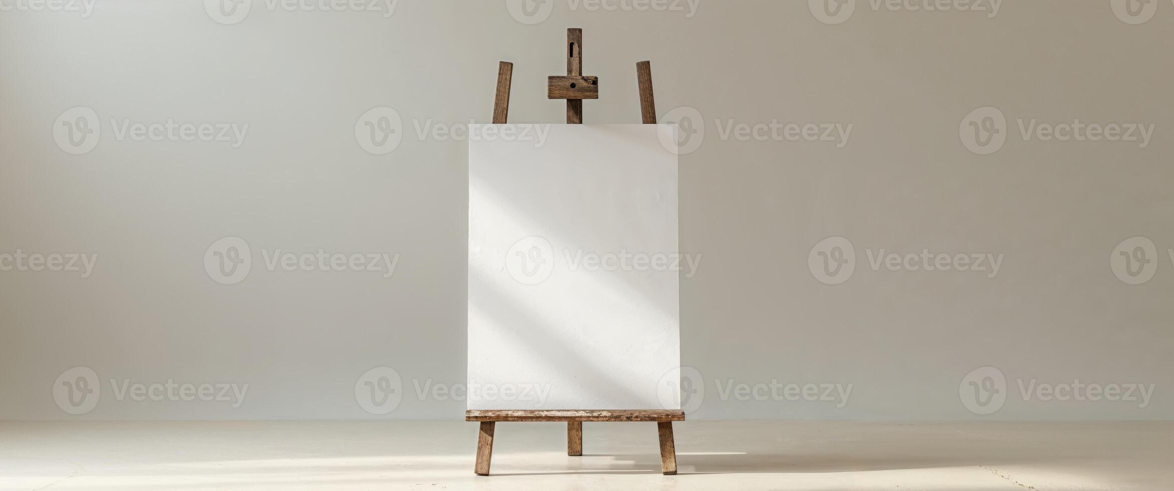 A small wooden easel supporting a blank white paper sheet. photo