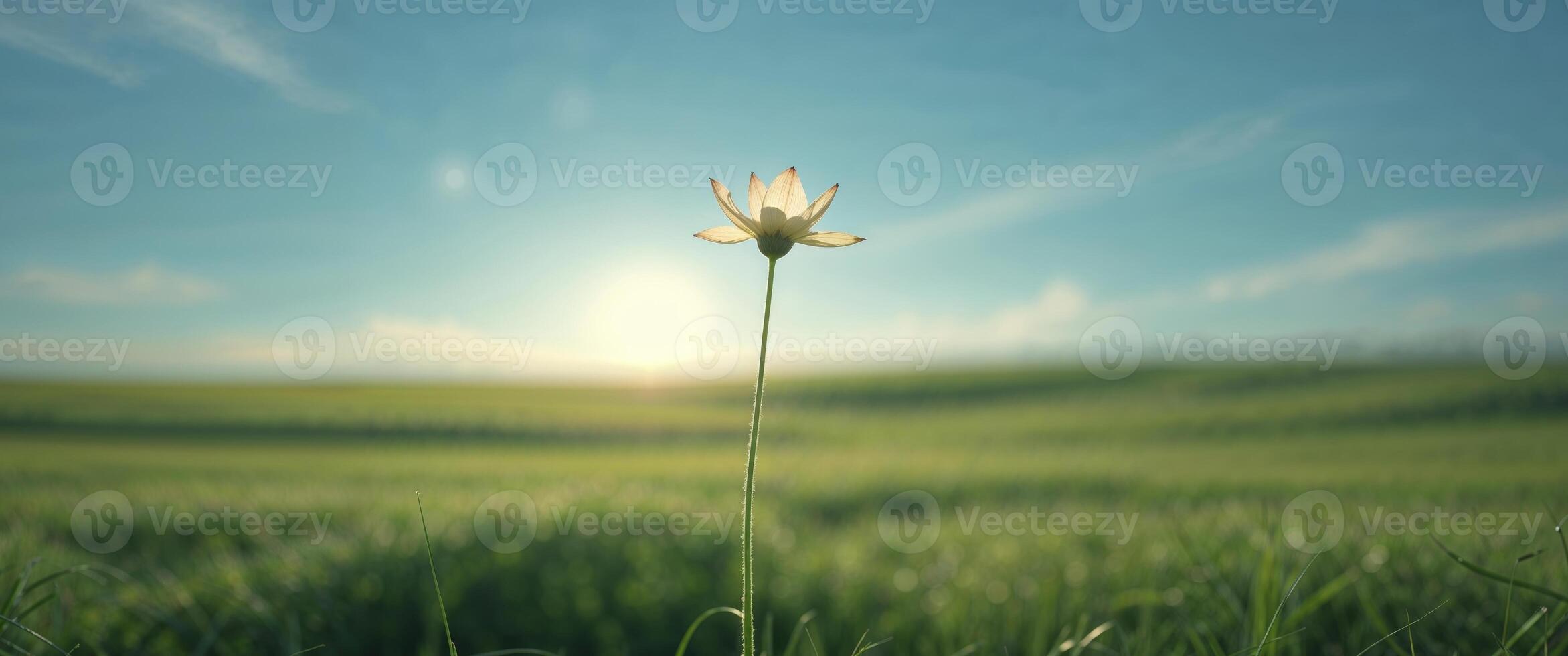 Delicate flower standing tall in a vast field showcasing nature's beauty under clear blue sky photo