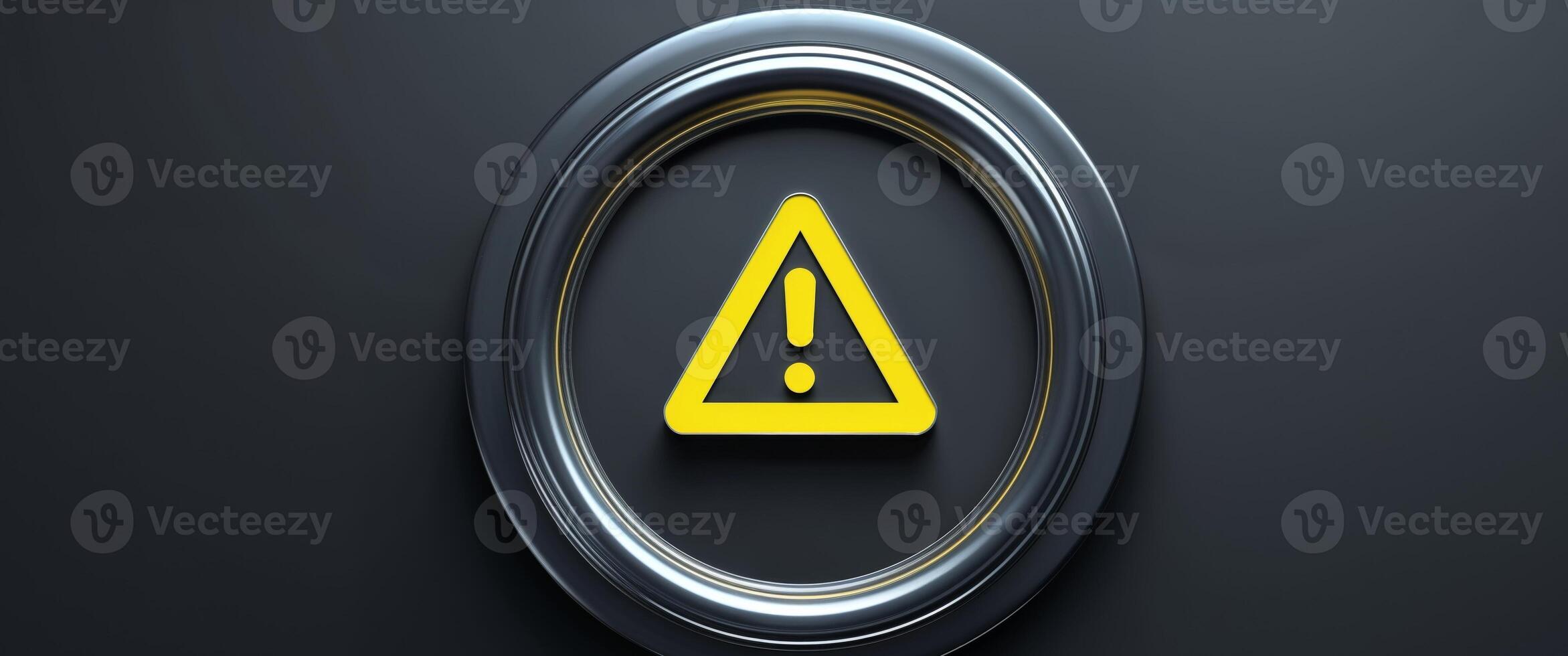 Warning Symbol with Exclamation Mark in a Circular Frame on Dark Background. photo