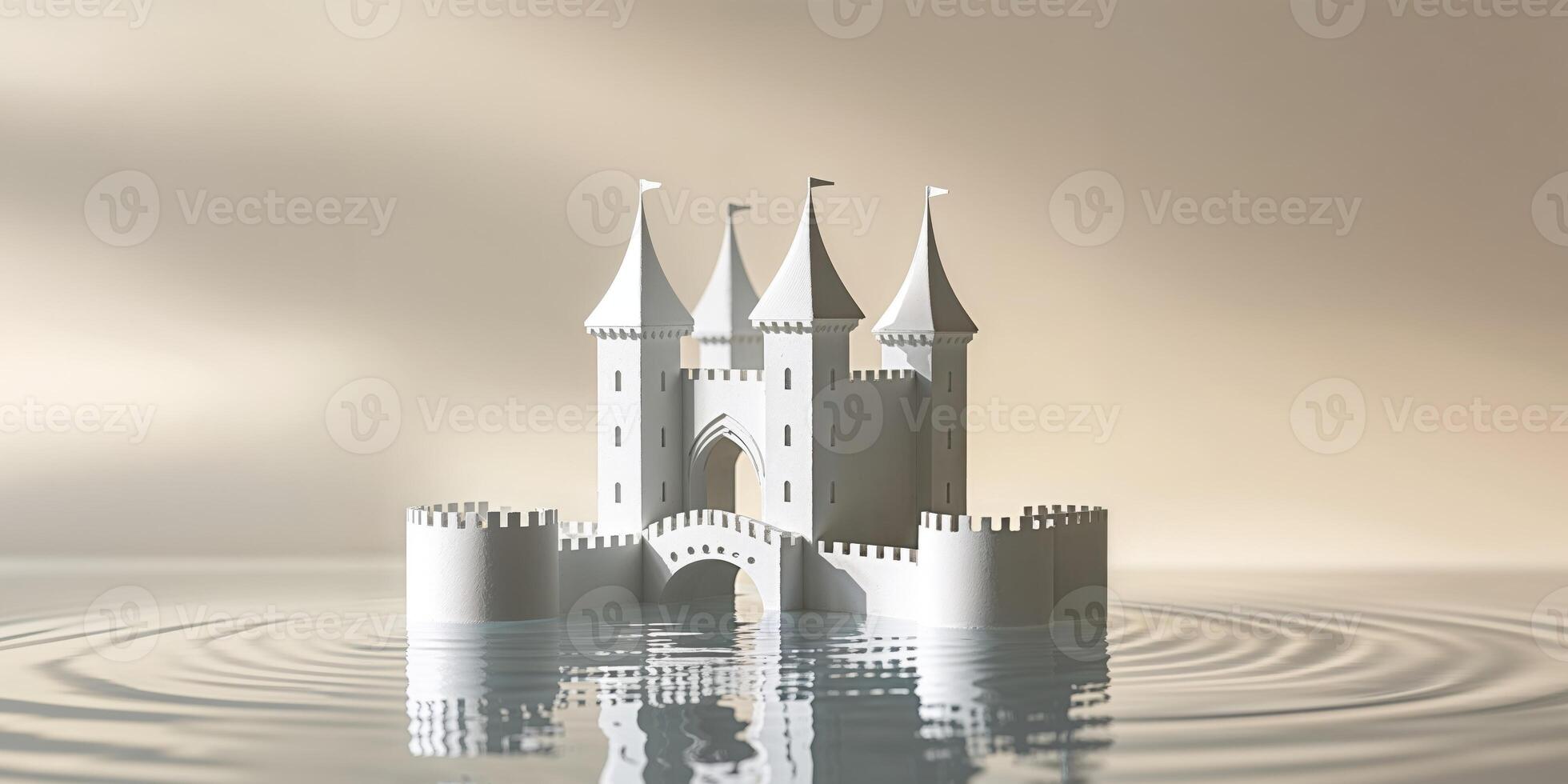 White Miniature Castle Model with Bridge and Water Reflection. photo