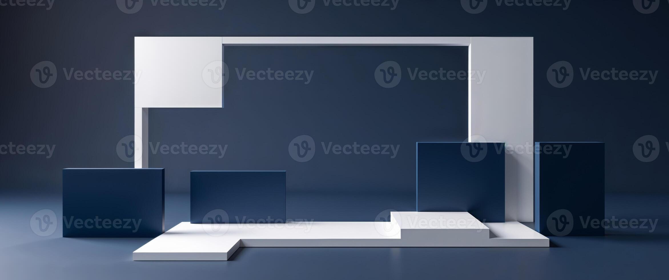 Abstract Background with White and Dark Blue Rectangular Shapes Framing a Central Empty Space on a Solid Dark Blue Backdrop Providing Versatile Design Options. photo