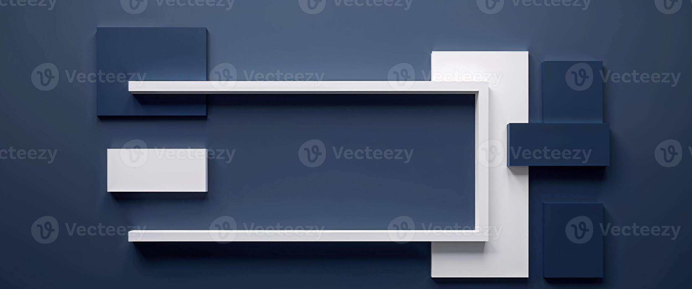 Abstract Background with White and Dark Blue Rectangular Shapes Framing a Central Empty Space on a Solid Dark Blue Backdrop Providing Versatile Design Options photo