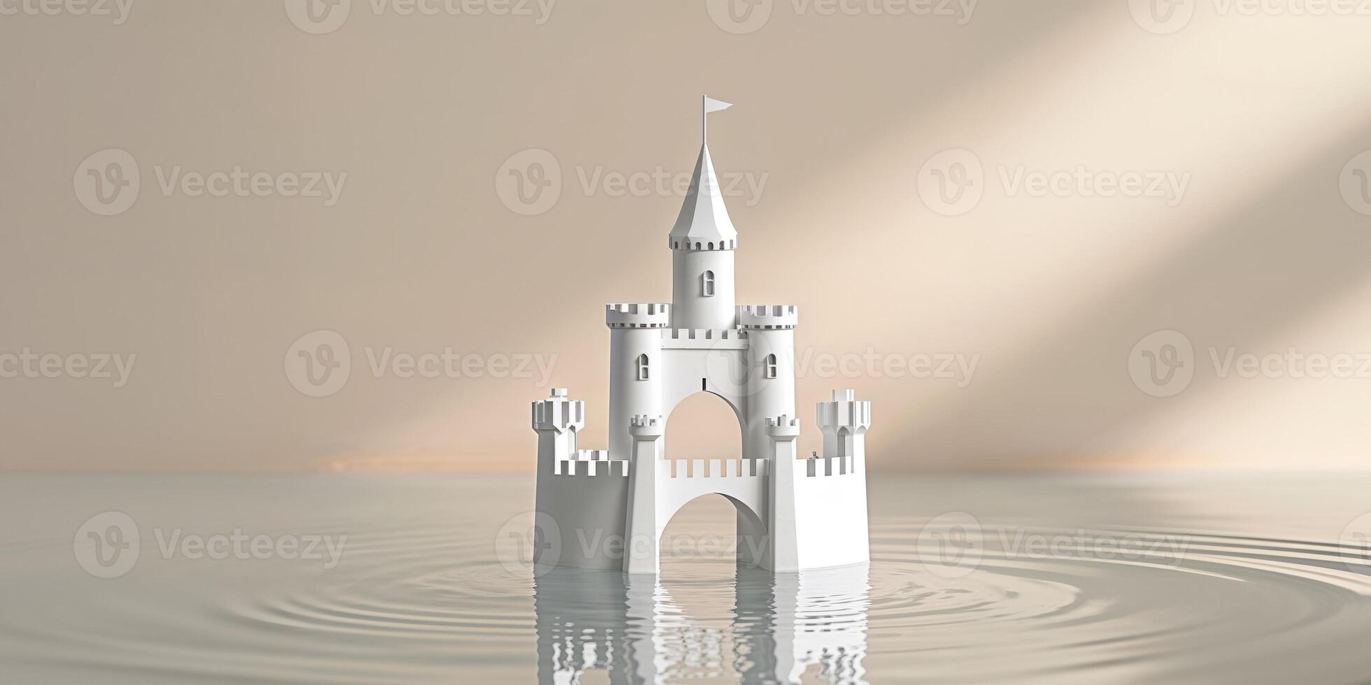 White Miniature Castle Model with Bridge and Water Reflection photo