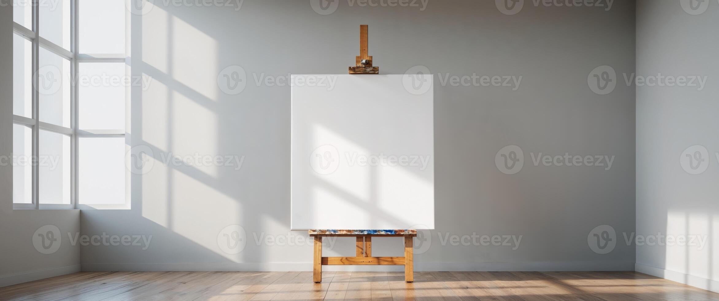 Blank Canvas On Wooden Easel In Modern Studio photo