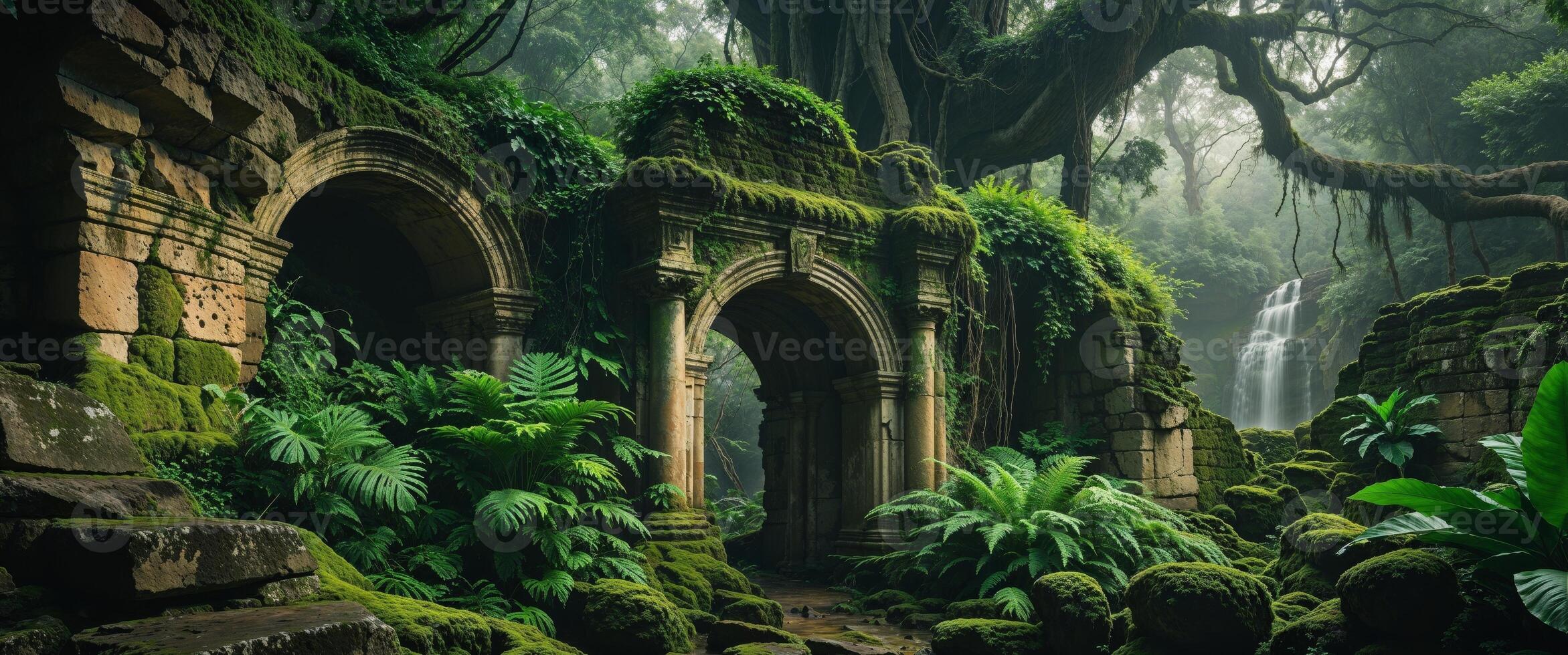 Ancient Stone Ruins Overgrown with Lush Green Moss in a Tropical Jungle Setting photo
