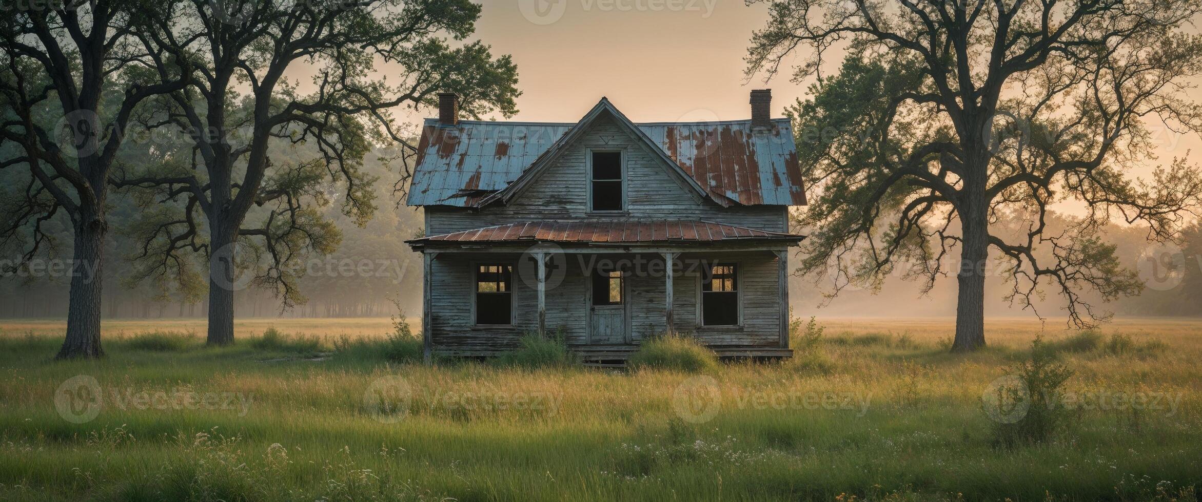 Abandoned wooden house in countryside near trees and field photo