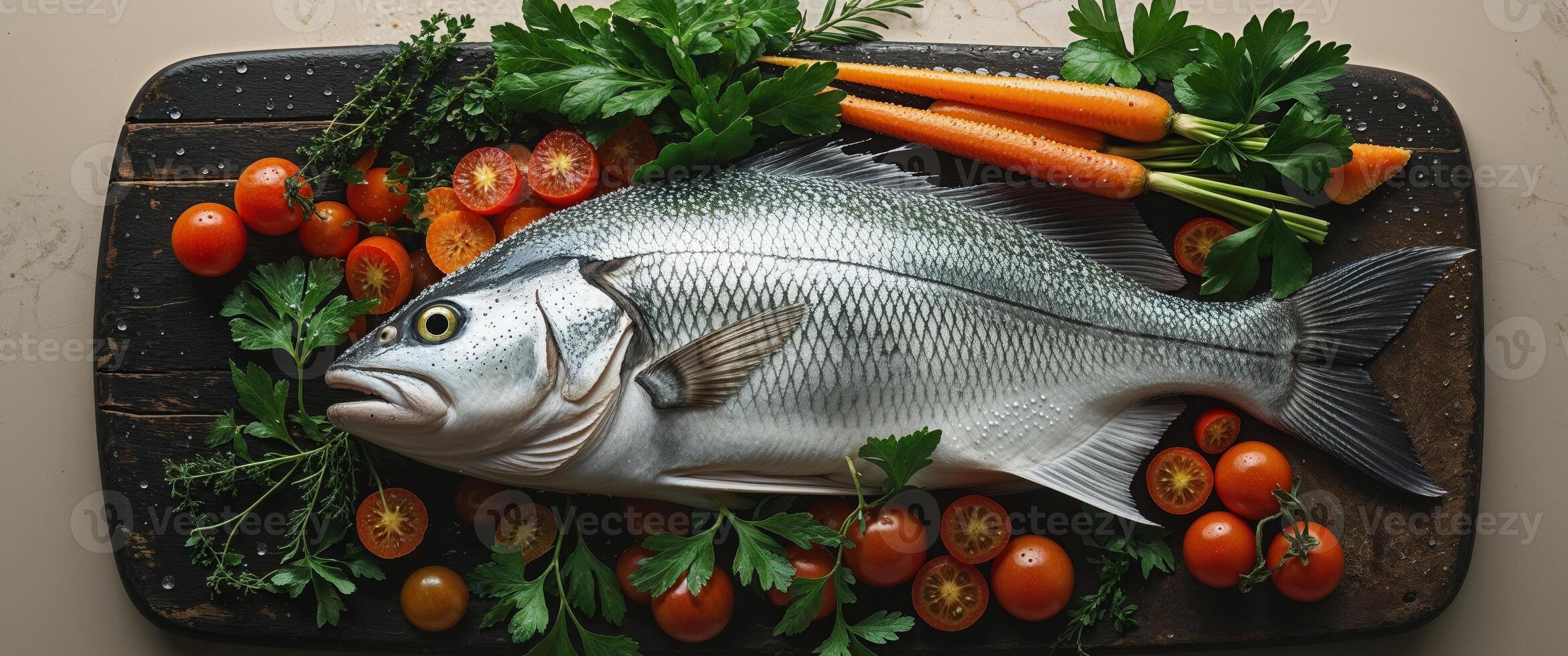 Whole fish displayed on a rustic wooden cutting board ready for preparation surrounded by fresh vegetables and herbs photo