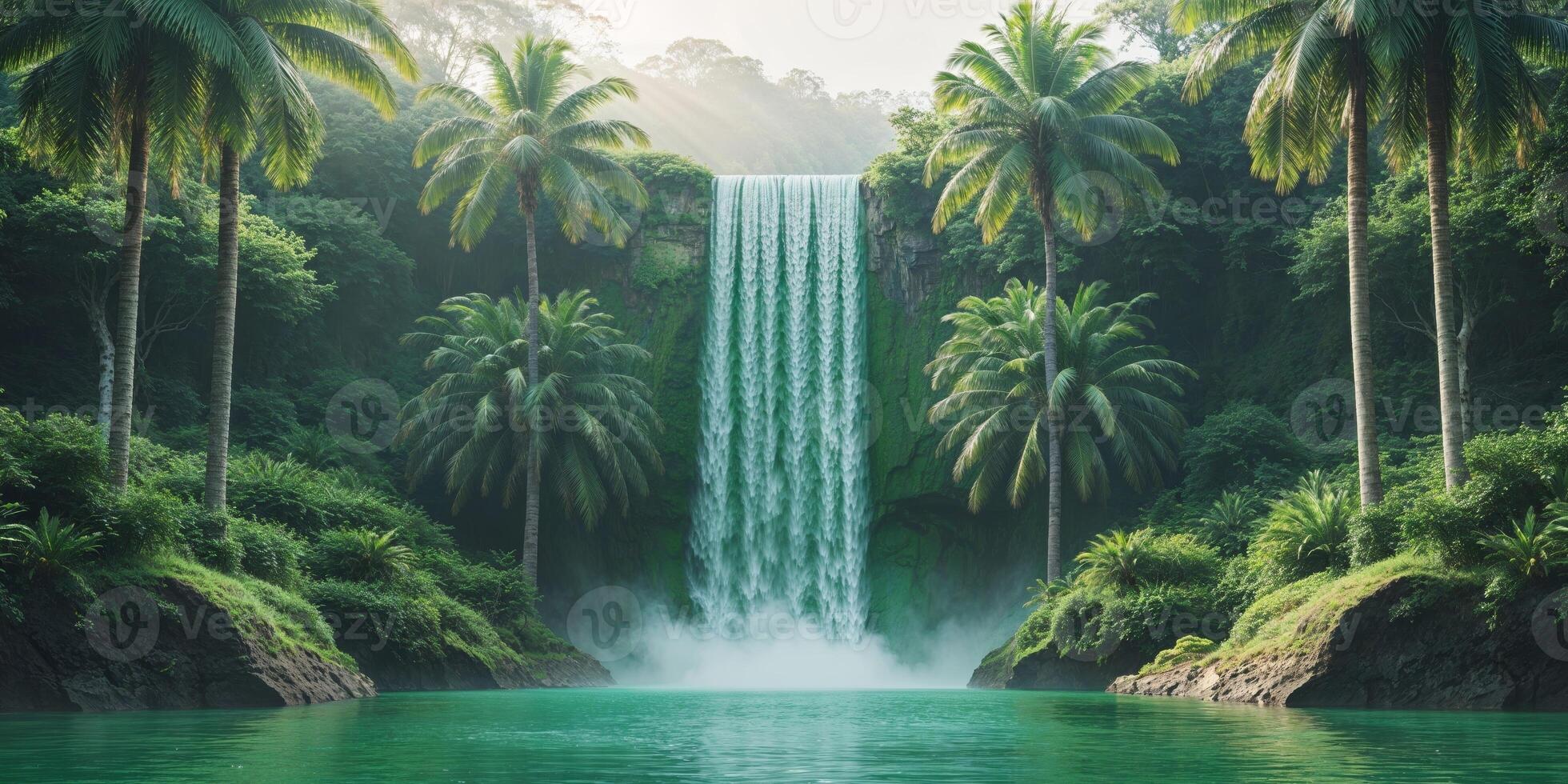 Serene Waterfall in Lush Tropical Paradise with Palm Trees and Turquoise Water photo