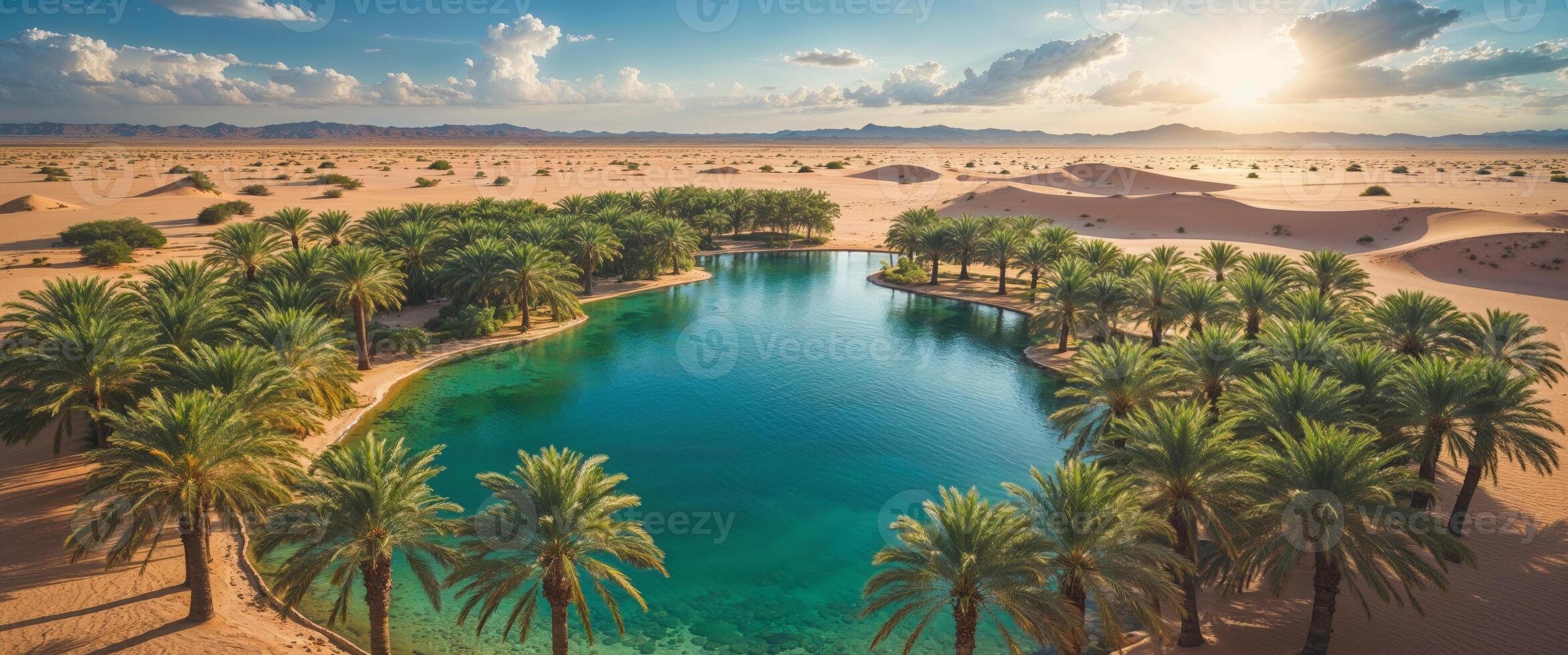 Aerial View of Oasis with Water and Palm Trees in Desert. photo