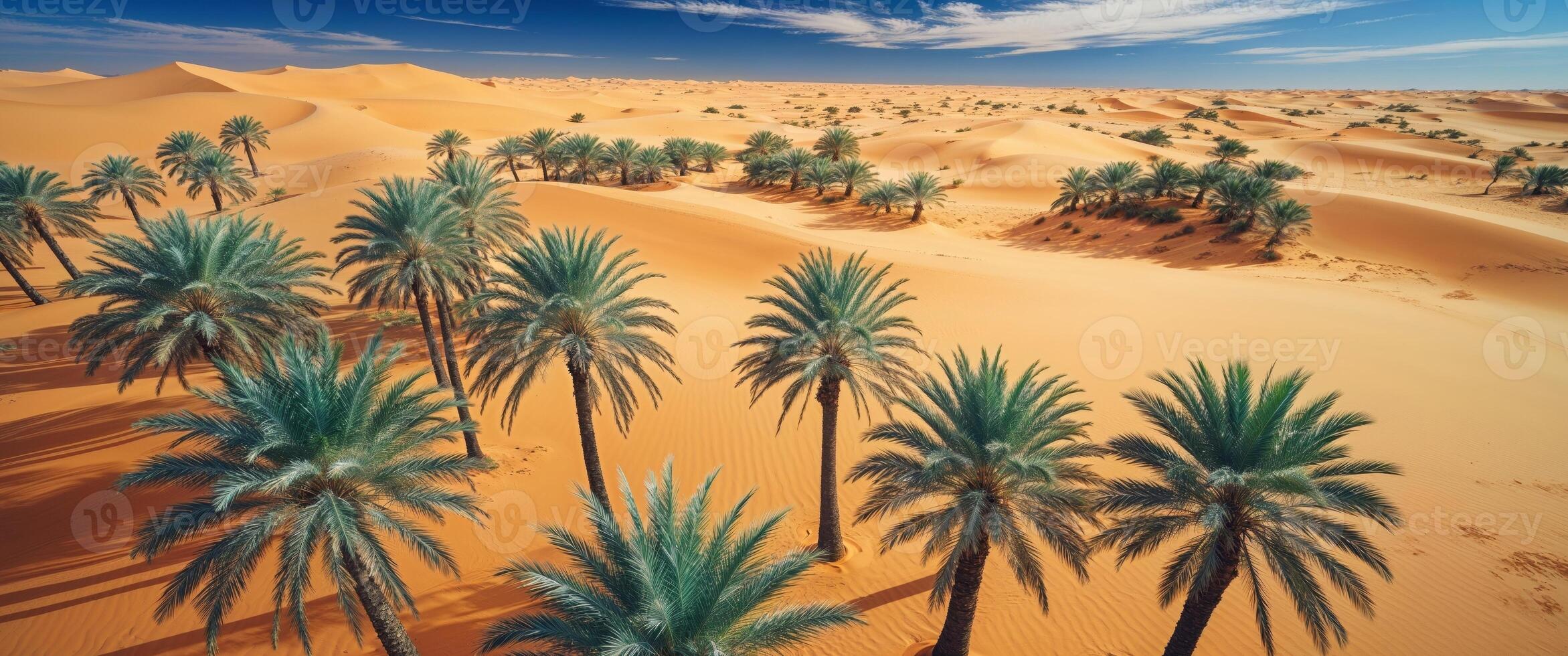 Aerial View of Palm Tree Oasis in Sandy Desert Landscape. photo