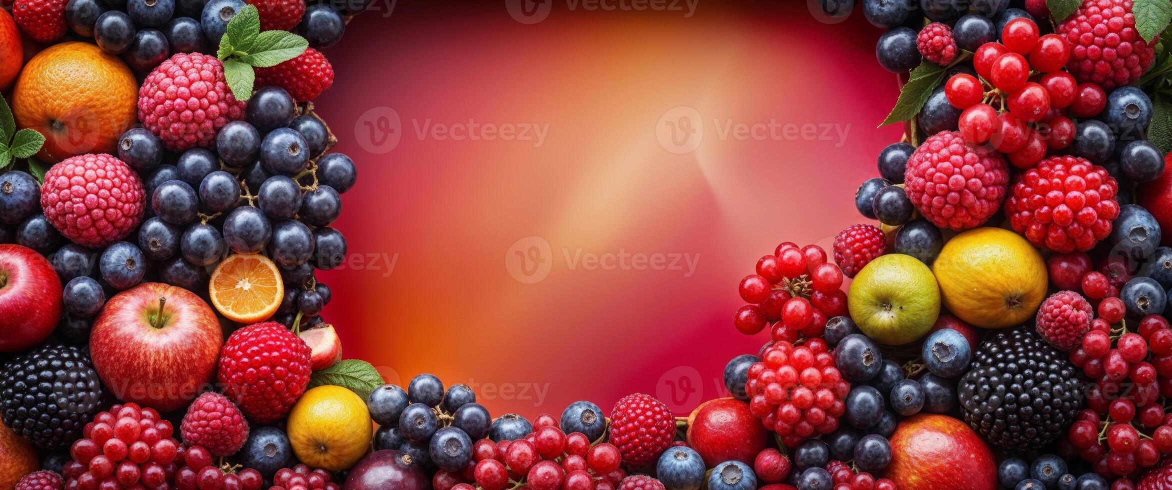 Frame made of ripe fruits and berries on color background. photo