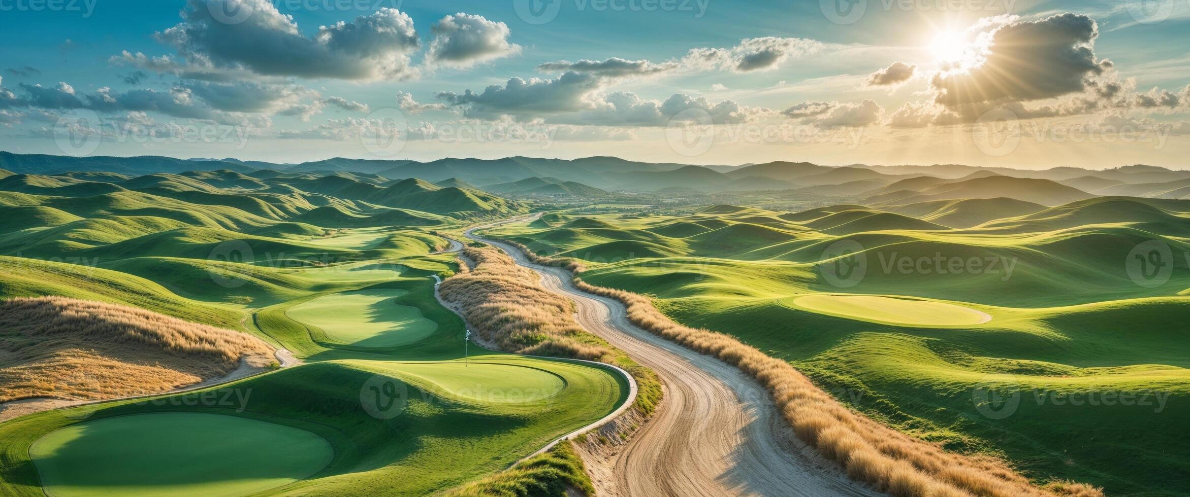Aerial View Scenic Rolling Hills Golf Course Landscape Sky Dry Sand Road Wide Shot High. photo