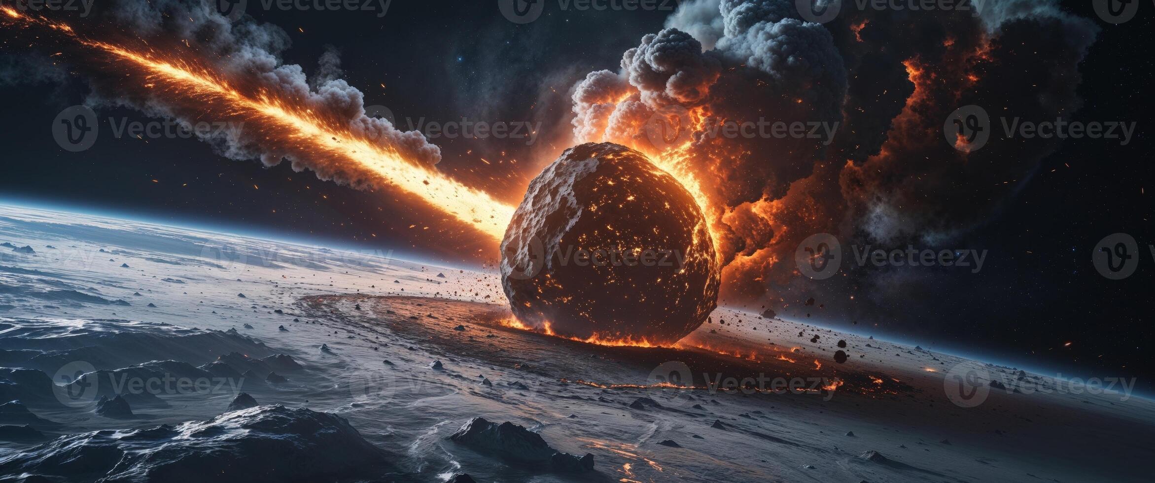 An asteroid impacts a planet with fire and destruction from space photo