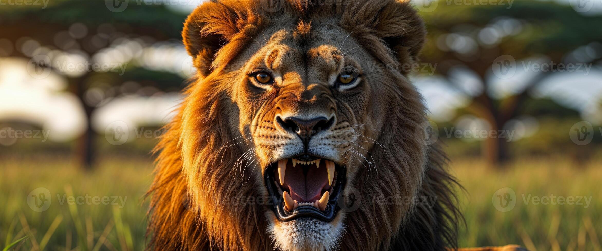 Roaring Lion Close Up Showing Teeth and Mane in Natural Setting photo