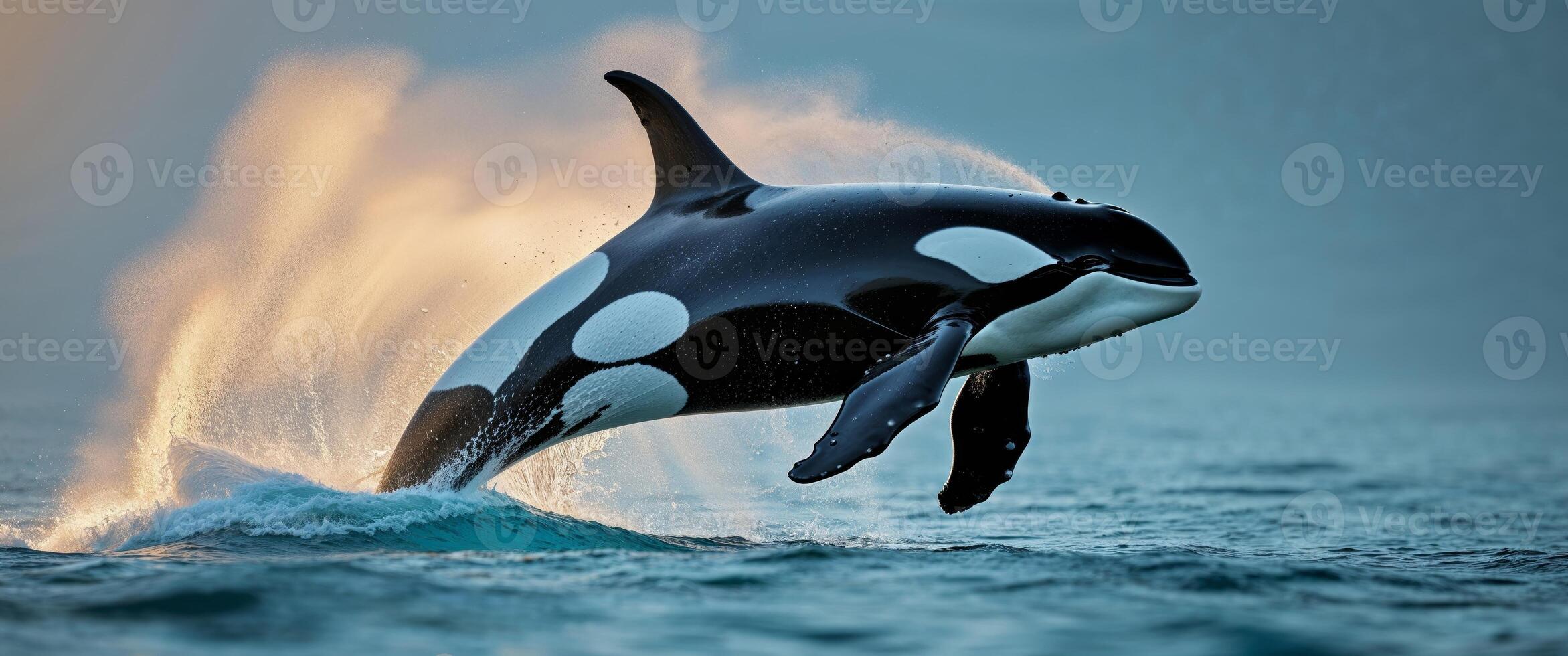 A beautiful orca whale leaping majestically in the water photo