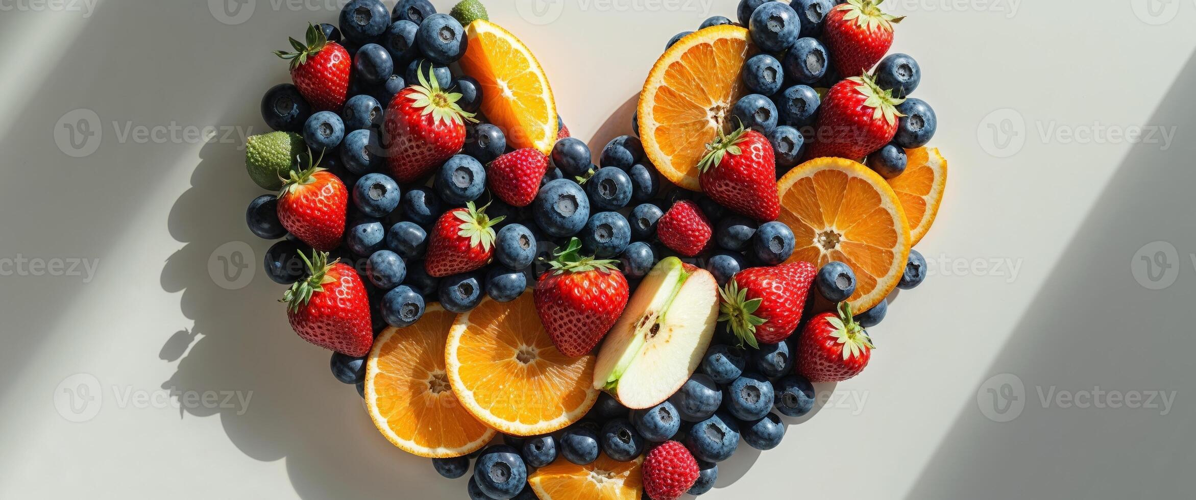 A collection of mixed fruits forming a perfect heart shape photo