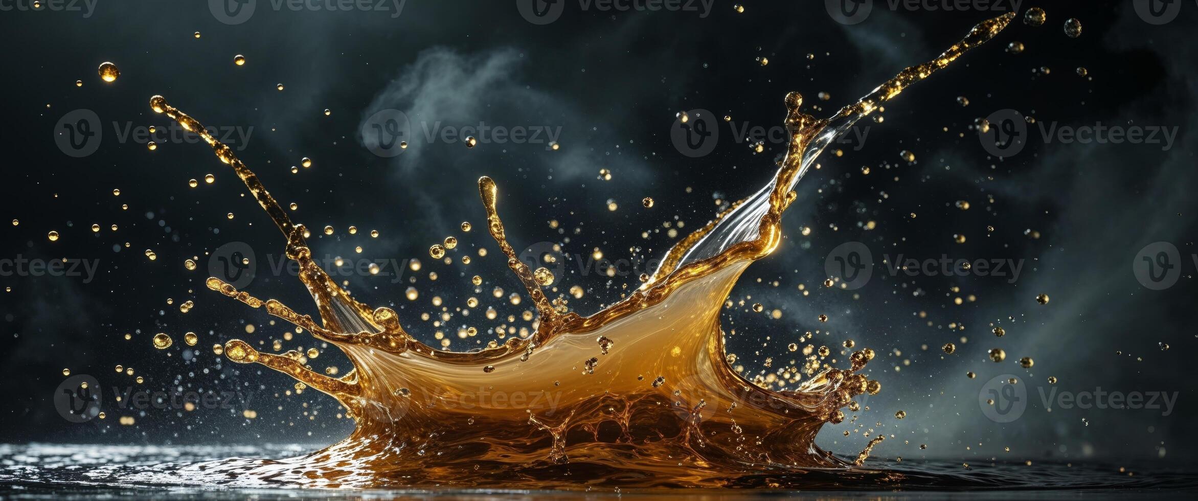 Golden Liquid Splashing Dynamically in Dark Background. photo