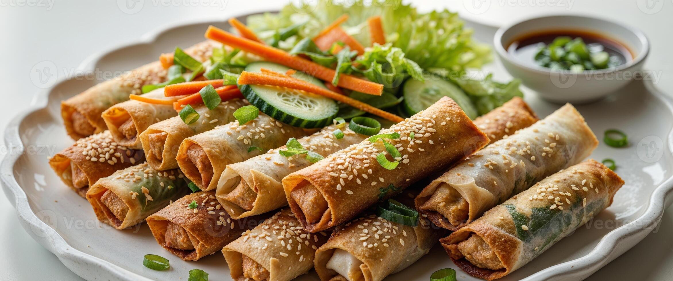 Delicious fried spring rolls served with fresh vegetables and sauce photo