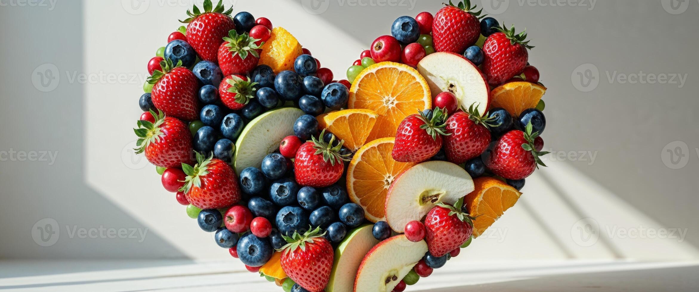 A collection of mixed fruits forming a perfect heart shape. photo