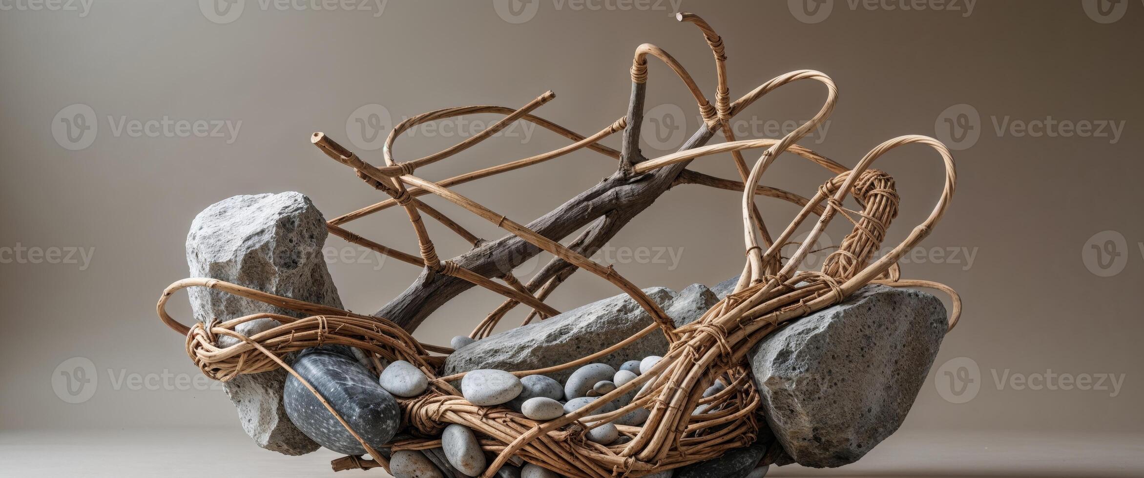 Abstract Stone and Willow Sculpture Intertwined Pebbles and Wicker Design. photo