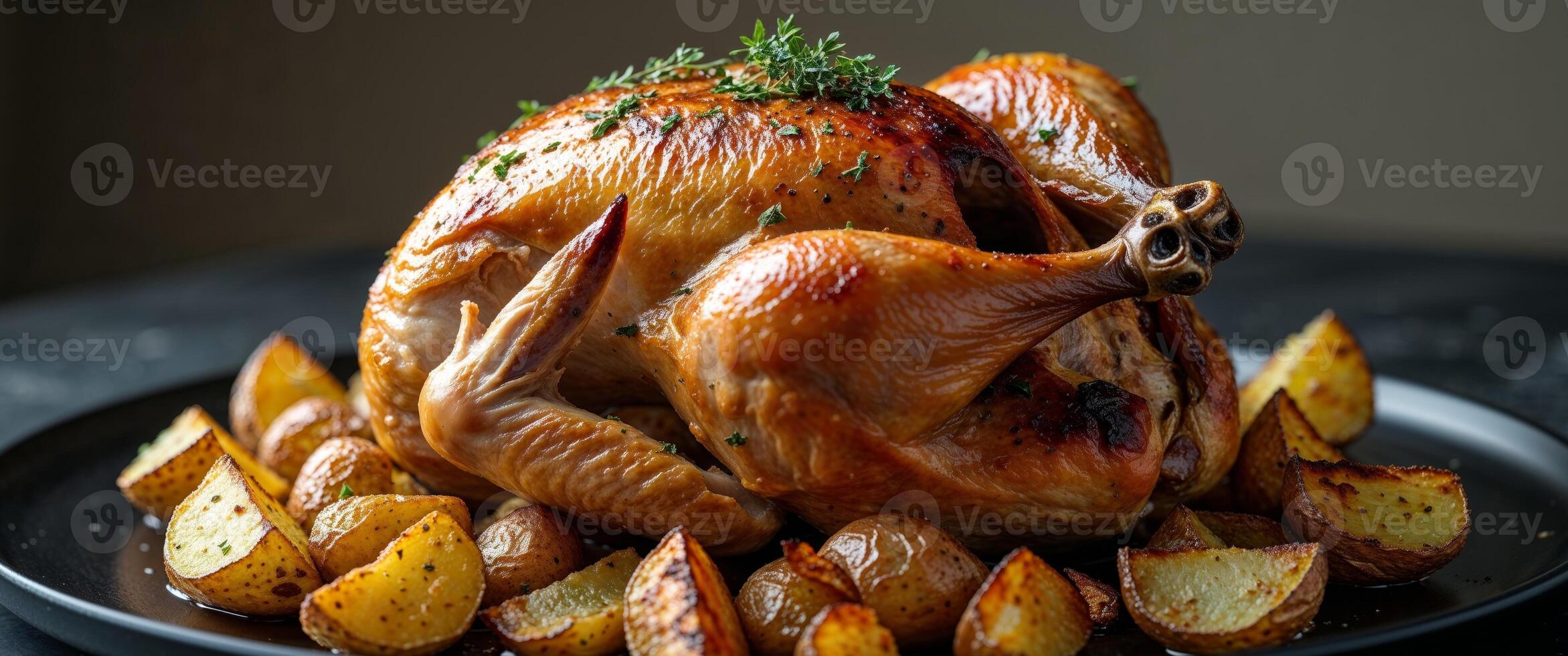 A roasted chicken with potatoes on a plate photo